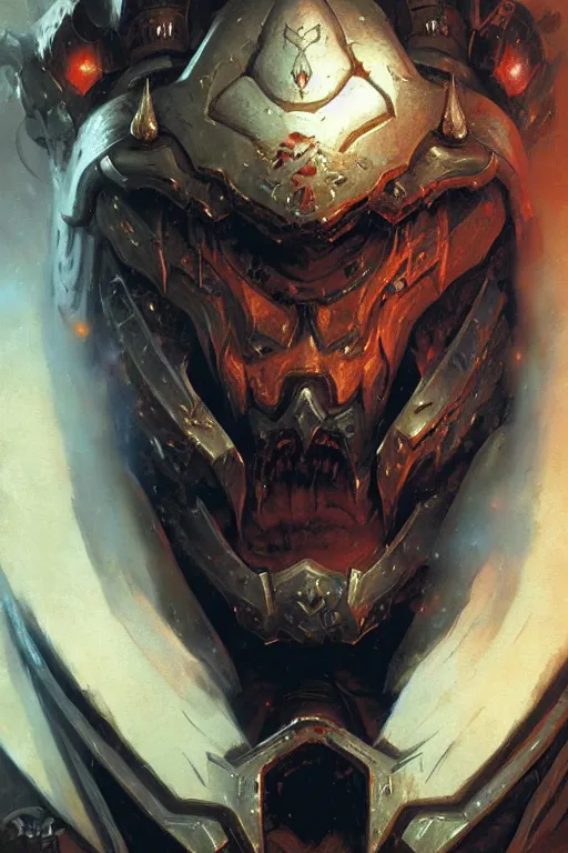 Prompt: chaos space marine extreme close up face portrait dnd, painting by gaston bussiere, craig mullins, greg rutkowski, yoji shinkawa