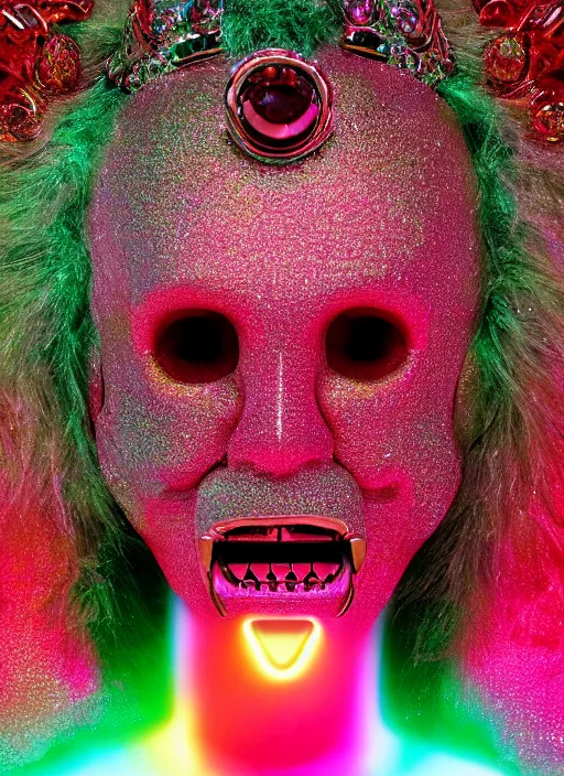 Image similar to photo of baroque and bladerunner delicate neon diamond sculpture of ceramic albino king santiago cabrera seductive delicious tongue sticking out, creamy pink iridescent humanoid deity wearing red furry hoody holding diamond skull in a green metallic dungeon, reclining, glowing rainbow face, crown of white diamonds, cinematic lighting, photorealistic, octane render 8 k depth of field 3 d