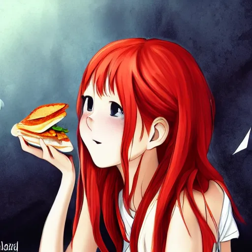 Image similar to a girl eating a sandwich, red hair, anime art, detailed, hd, smooth