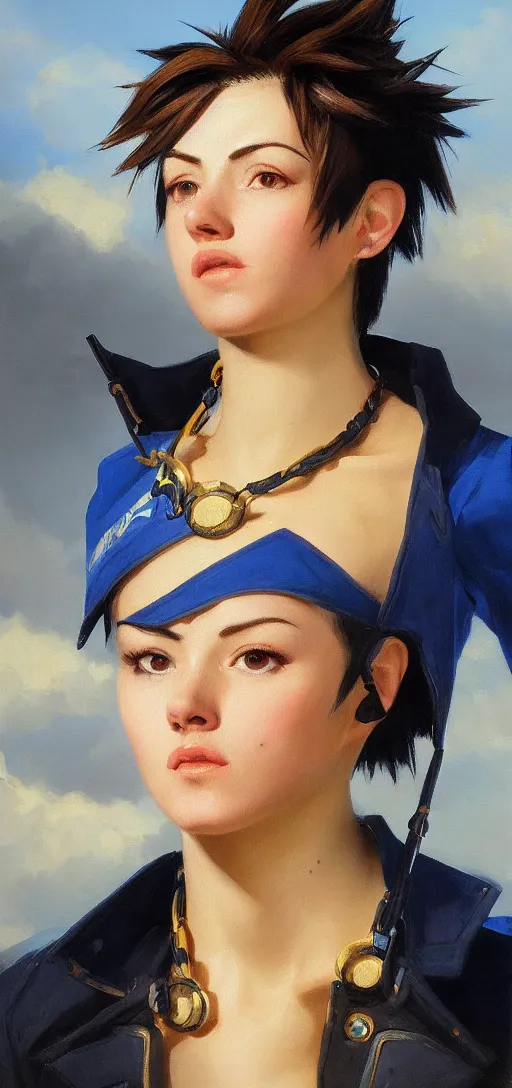 Image similar to oil painting of tracer overwatch in a field wearing blue uniform and black spiked collar, in style of ivan aivazovsky, expressive face, detailed face, detailed eyes, full body, feminine face, tracer overwatch,