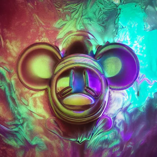 Image similar to counterfeit mickey mouse head, fractal, broken, LSD, wet, melting, fractured, mycelium, radiant alien, rococo, baroque, automotive, bio-mechanical, porcelain, iridescent, sub surface scattering, unreal engine, octane render