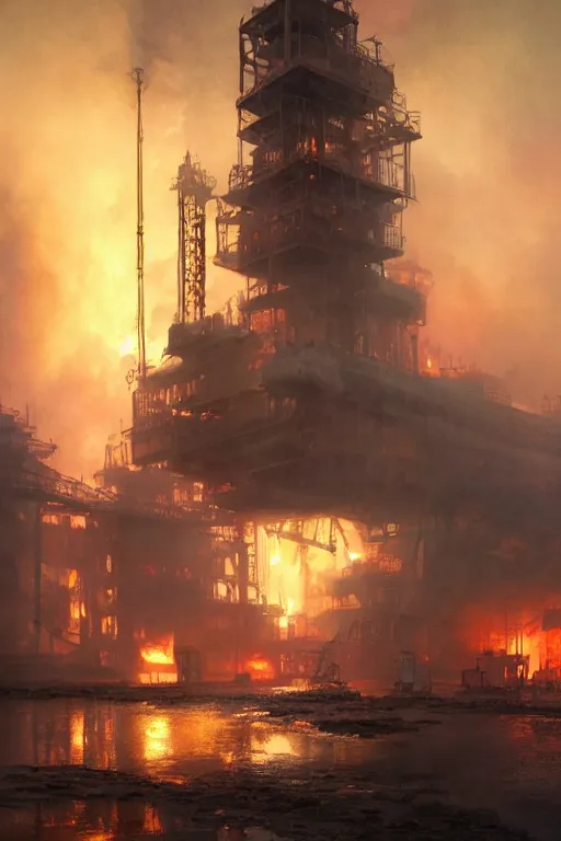 Image similar to a highly detailed matte painting of a soviet steampunk oil rig on fire in fog at night by studio ghibli, makoto shinkai, by artgerm, by wlop, by greg rutkowski, volumetric lighting, octane render, 4 k resolution, trending on artstation, masterpiece