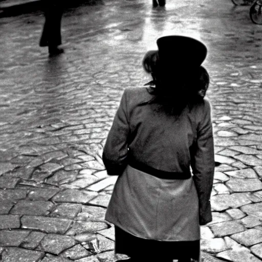 Image similar to fine art photograph of a woman waiting for the rain to stop, rainy flagstone cobblestone street, rule of thirds, sharp focus by henri cartier bresson