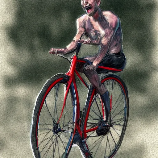 Image similar to a portrait of a really short men biting a really tall bike realistic digital art
