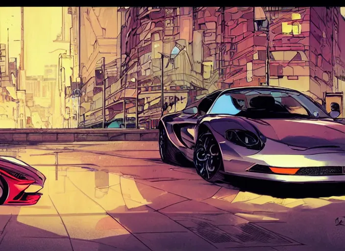 Prompt: a sport car in a city, sharp focus. cinematic pose, cinematic lighting, art by josan gonzales and moebius and deathburger.