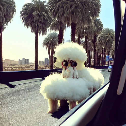 Prompt: fluffy poodle [ [ sticking its head out of the window ] ]!!, driving a cybertruck in las vegas, [ digital art ]!!, trending on cgsociety