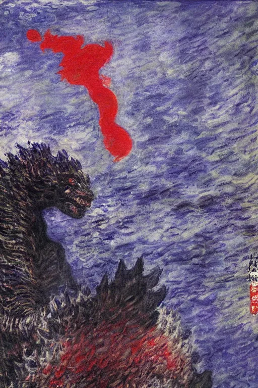 Image similar to shinzo abe with body of Godzilla painting by claude monet