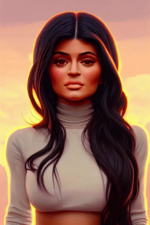 Image similar to clear portrait of kylie jenner, cottagecore!!, background hyper detailed, character concept, full body, dynamic pose, elegant, intricate, highly detailed, digital painting, artstation, concept art, smooth, sharp focus, illustration, art by artgerm and greg rutkowski and alphonse mucha