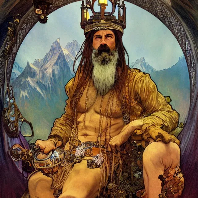 Image similar to an aesthetic! a detailed portrait of a man in a long beard, with a crown, holding a lantern with mountains of gold in the background, surrounded by his family, by frank frazetta and alphonse mucha, oil on canvas, art nouveau dungeons and dragons fantasy art, hd, god rays, ray tracing, crisp contour lines, huhd