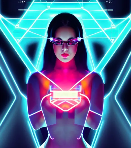 Image similar to symmetry!! latin princess of technology, solid cube of light, hard edges, product render retro - futuristic poster scifi, lasers and neon circuits, beautiful woman latin princess, intricate, elegant, highly detailed, digital painting, artstation, concept art, smooth, sharp focus, illustration, dreamlike, art by artgerm