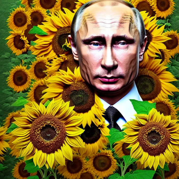 Image similar to photo portrait of Vladimir Putin - sunflowers - dressed in leisure shirt with ornamental ethereal sunflower pattern, natural skin tone, highly detailed realistic flowers ornament on the shirt, war in the background, hair, eyebrows and wrinkles are intricate with highly detailed realistic flowers, elegant, Realistic, Refined, Highly Detailed, natural soft pastel lighting colors scheme, fine art photography by Cecil Beaton, volumetric lighting, hyper realistic photography