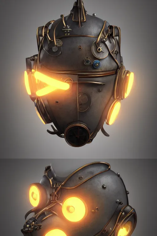 Image similar to steampunk mask minimalist fantasy art robot ninja helmet, global illumination ray tracing hdr fanart arstation by sung choi and eric pfeiffer and gabriel garza and casper konefal radiating a glowing aura