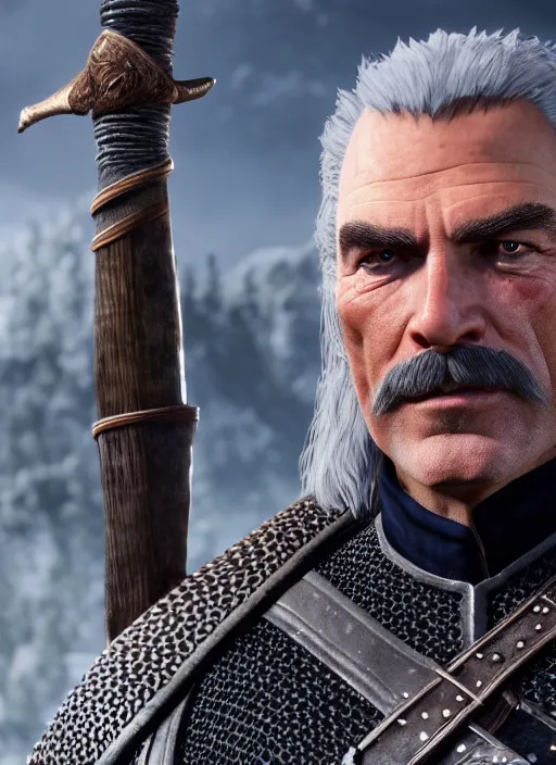 Prompt: film still of tom selleck as geralt of rivia in the witcher 3, gameplay, 8 k, hd