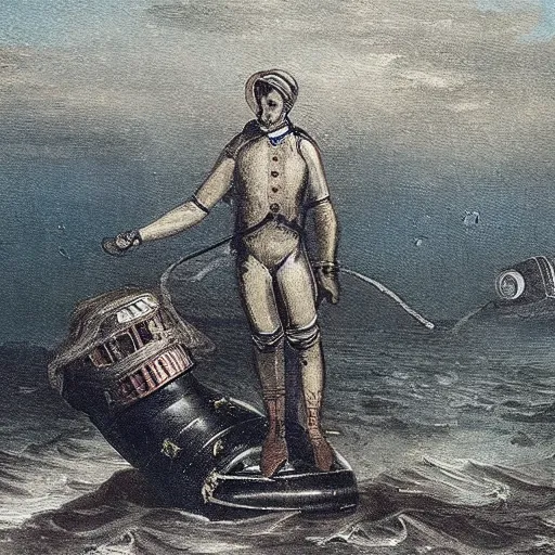 Image similar to 19th century romantic painting of a deep see atmospheric diving suit salvaging a submarine