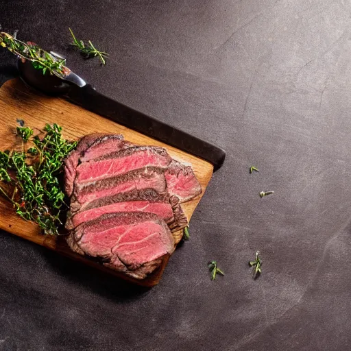 Image similar to promotional photo steak on plate left of shot butchers block and slate background, thyme herbs on table