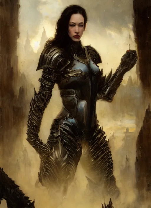 Image similar to muscular kat dennings wearing black armour by gaston bussiere, bayard wu, greg rutkowski, giger, maxim verehin, greg rutkowski, masterpiece, sharp focus, cinematic lightning