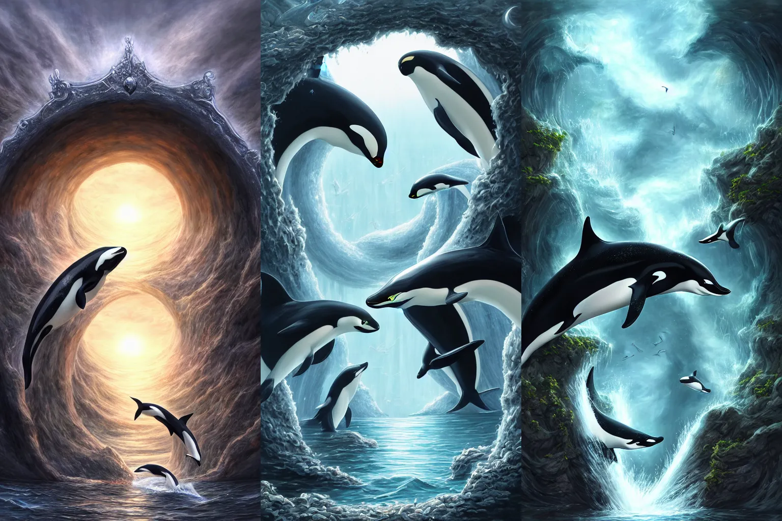 Prompt: The gate to the eternal kingdom of orcas, fantasy, digital art, HD, detailed.