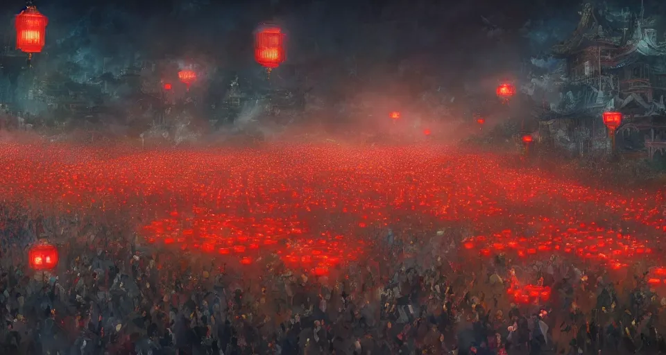 Image similar to craig mullins and ghibli digital art of zhongyuan festival in china ， red lanterns in the sky, black night sky, stars, fireworks, below is the crowd, fireworks, rivers, villages ， unreal engine, hyper realism, realistic shading, cinematic composition, realistic render, octane render, detailed textures, photorealistic, wide shot