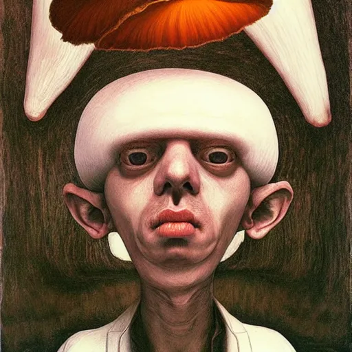 Image similar to portrait face head eyes man fungal ears Mushroom Cretin the Hermit camouflaged as a toadstool wearing a black shirt mark ryden greg rutkowski andrew wyeth giorgio de chirico