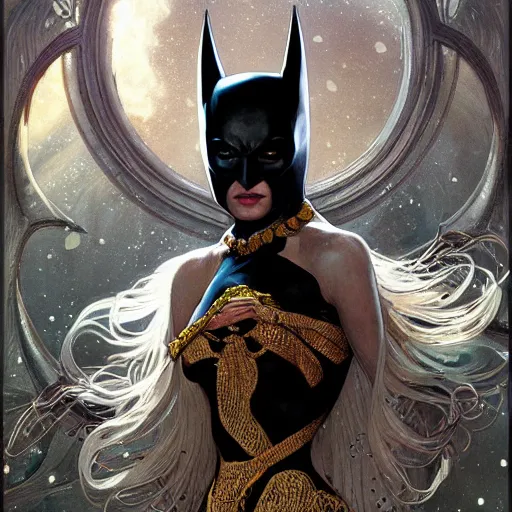 Image similar to portrait of batman as a delicate fragile celestial queen, batman returns, forest, godlike, upper body, fantasy, intricate, elegant, highly detailed, digital painting, artstation, concept art, sharp focus, illustration, art by artgerm and greg rutkowski and alphonse mucha