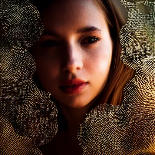 Prompt: a photo of a beautiful female made or of biomorphic honeycombs, 5 0 mm lens, f 1. 4, sharp focus, ethereal, emotionally evoking, head in focus, volumetric lighting, 8 k