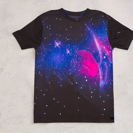 Prompt: photo of a t - shirt with a cool galactic print on the chest in the style of maximalism, product photo