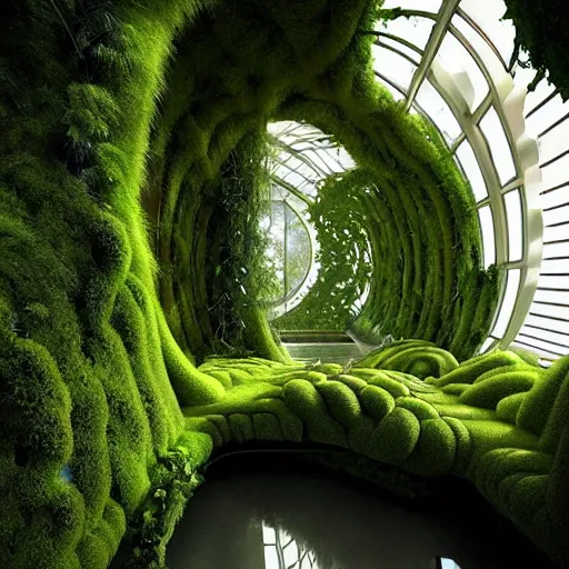 Image similar to a dream about opulent, abandoned overgrown futuristic base on Mars designed by Zaha Hadid, lush plants growing through the glossy floors and walls, walls are covered with moss and vines, beautiful, dusty, golden volumetric light shines through, golden rays fill the space with warmth, rich with epic details, dreamy atmosphere and drama