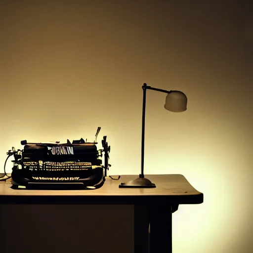 Image similar to painting of a typewriter on a desk in a dimly lit room, volumetric lighting, style of greg rutkowski