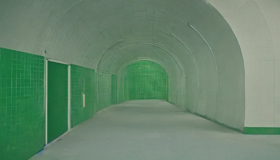 Prompt: 60s movie still of an empty tunnel with green tiles floor, cinestill 800t 50mm eastmancolor, liminal Space style, heavy grain