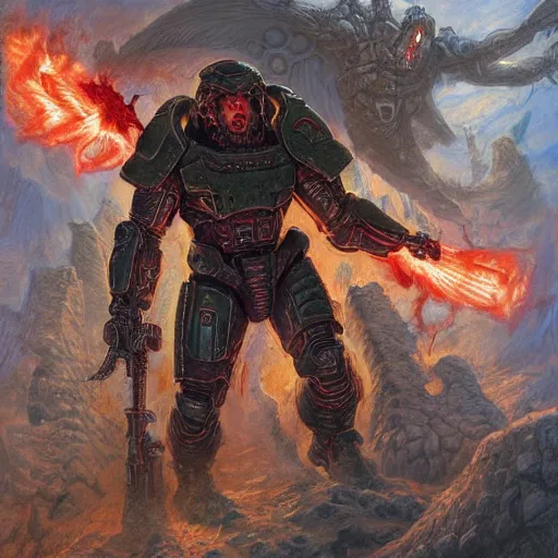 Image similar to The Doomguy fighting demons in hell, full-body character art by Donato Giancola and James Gurney, digital art, trending on artstation