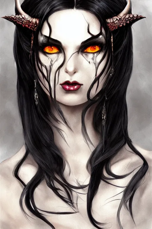 Image similar to female succubus with black hair and amber eyes bust portrait, dnd, fantasy, intricate, elegant, highly detailed, digital painting, artstation, concept art, smooth, sharp focus, illustration, art narcisse navarre