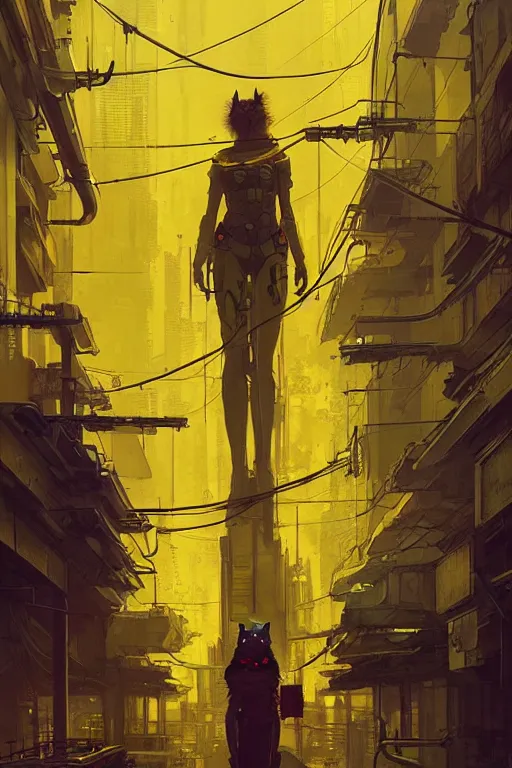 Prompt: yellow cat inside a cyberpunk city, highly detailed, digital painting, artstation, concept art, sharp focus, illustration, art by greg rutkowski and alphonse mucha