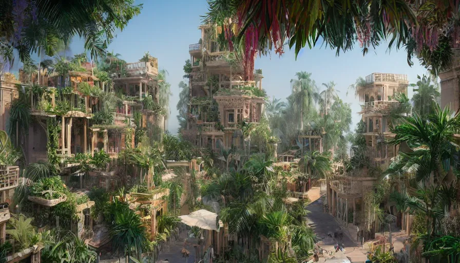 Image similar to hanging gardens of babylon, flowers, palms, arabic city, artstation