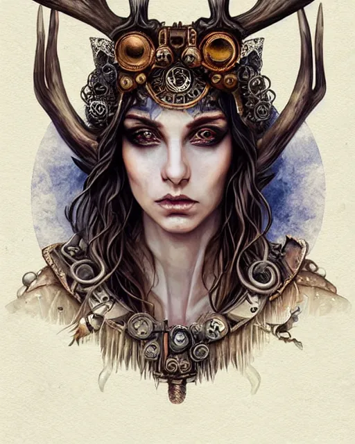 Image similar to beautiful fierce stag - headed anthropomorphic pagan druidic priestess of pentagrams with beetle wings and steampunk gun staff. noble bearing. award winning ornate symmetry matte portrait, artgerm, rhads watercolor, serenity