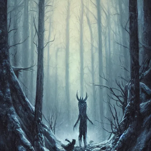 Image similar to cloaked humanoid wendigo feasting on a dear, nighttime located in a snowy dark forest, lurking horror, distant shot, dungeons and dragons, magic the gathering, forboding, high detail, oil painting, style of seb mckinnon