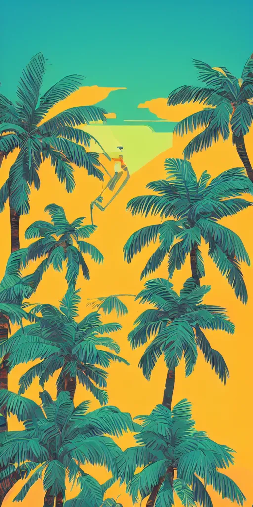 Prompt: cursed multicolored palm trees, tom whalen, james gilleard, liam brazier, tristan eaton