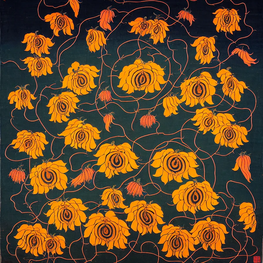 Prompt: nepalese thangka about withered sunflowers and dry nasturtiums with vines, dark tones, moody, night, moonlight