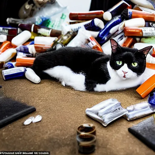 Prompt: A tuxedo cat lying on top of a pile of narcotics seized by the authorities