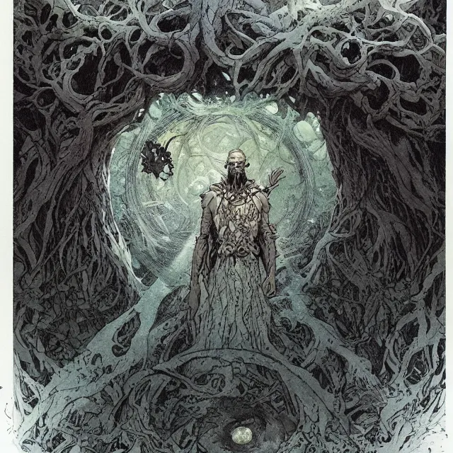 Image similar to a druid standing in a circle at the beginning of the world by alan lee and peter mohrbacher and mike mignola