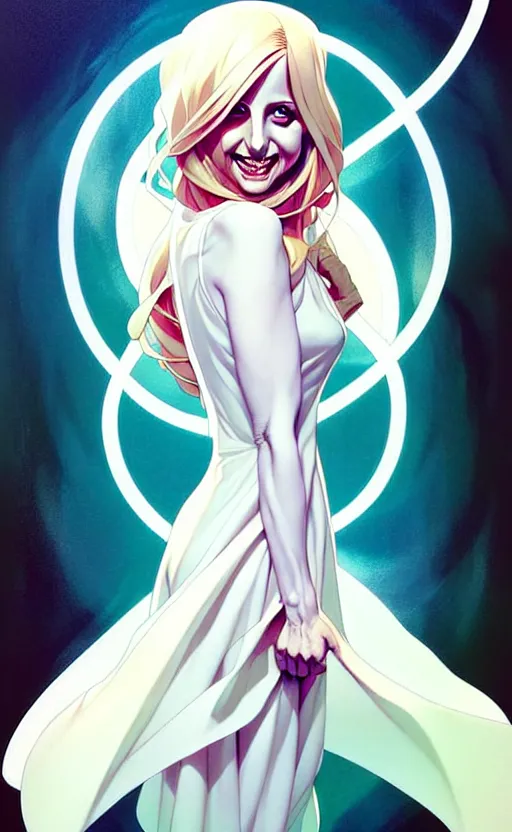 Prompt: artgerm, joshua middleton comic cover art, pretty ghost sarah michelle gellar entire full body, floating, creepy smile, white dress, friendly, symmetrical eyes, symmetrical face, long white hair, inside haunted house