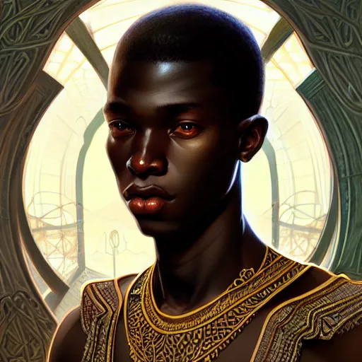 Prompt: illustration of a senegalese boy, d & d, fantasy, intricate, elegant, highly detailed, digital painting, artstation, concept art, smooth, sharp focus, illustration, art by artgerm and greg rutkowski and alphonse mucha