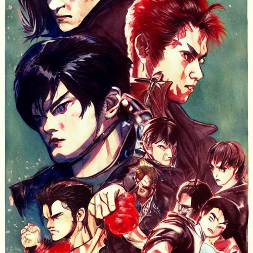 Image similar to vintage movie poster art for tekken by trending pixiv fanbox, watercolor, style of mucha akihiko yoshida takashi stephen bliss kurosawa and agnes cecile 4 k concept art