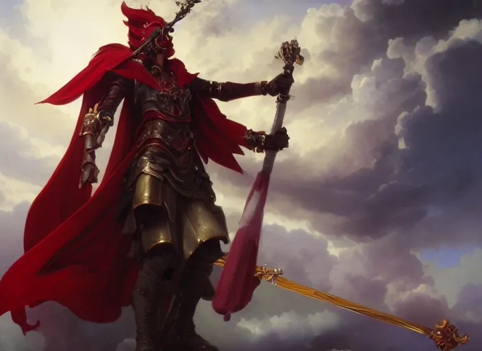 Image similar to A boisterous Red Mage wearing striped shining armor holding a staff of power surrounded by an epic cloudscape. The Magus Omega . Red Wizard. Morpheus. masterpiece. 4k digital illustration. by Ruan Jia and Artgerm and Andreas Rocha and William-Adolphe Bouguereau and Edmund Blair Leighton. award winning, Artstation, intricate details, realistic, Hyperdetailed, 8k resolution. Concept Painting. Key Art