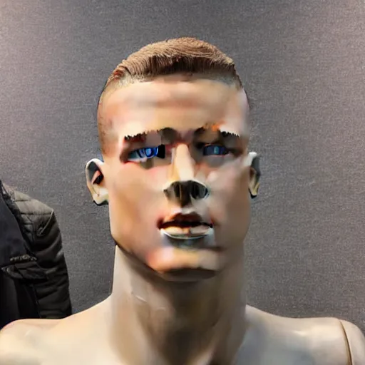 Image similar to “ a realistic detailed photo of a guy who is an attractive humanoid who is half robot and half humanoid, who is a male android, football player christian mccaffrey, shiny skin, posing like a statue, blank stare, at the museum, on display ”