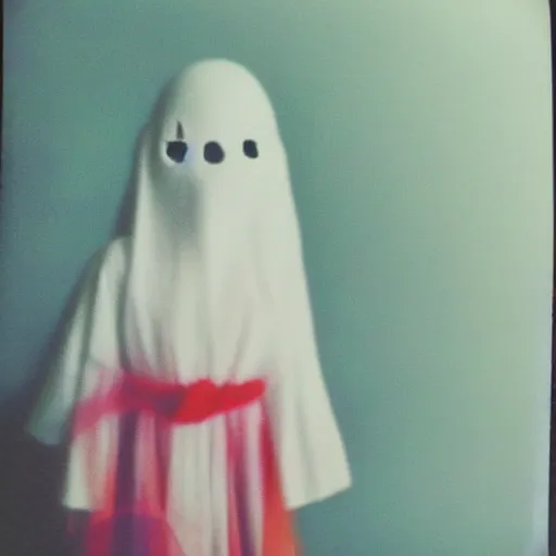 Image similar to coloured atmospheric polaroid photo of a realistic ghost spirit in a kid - bedroom