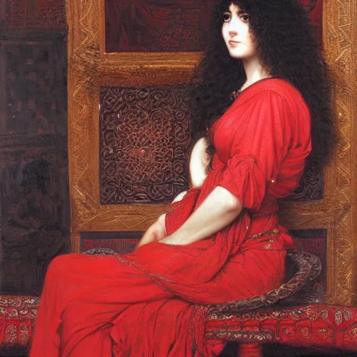 Image similar to orientalist portrait of a woman with thick black bangs and curly hair wearing a red dress selling tapestries in a busy marketplace intricate artwork by Fabio Fabbi and john william waterhouse and Edwin Longsden Long and Nasreddine Dinet and Theodore Ralli trending on artstation, very coherent symmetrical artwork high detail 8k