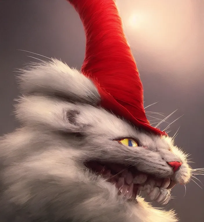 Image similar to complex 3 d render, hyper detailed, ultra sharp, of the cat in the hat, scary, cinematic, natural soft light, rim light, octane render, art by greg rutkowski and craig mullins and artgerm, dr seuss