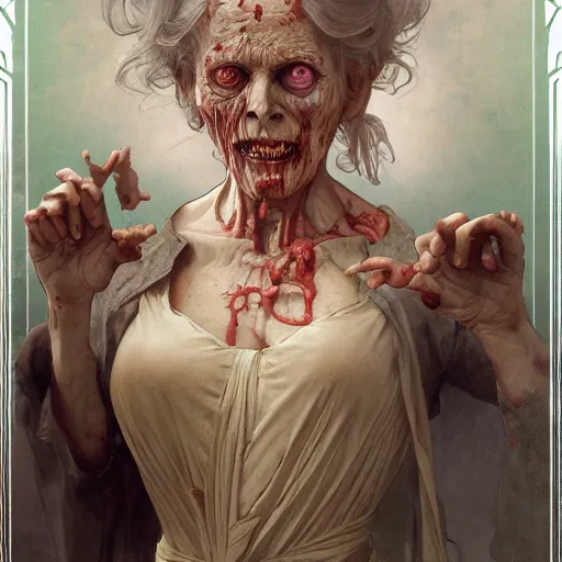 Image similar to elderly zombie woman, intricate, art by artgerm and greg rutkowski and alphonse mucha and william - adolphe bouguereau, high detailed, 4 k,