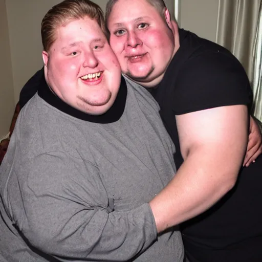Prompt: morbidly obese man hugging justin bieber