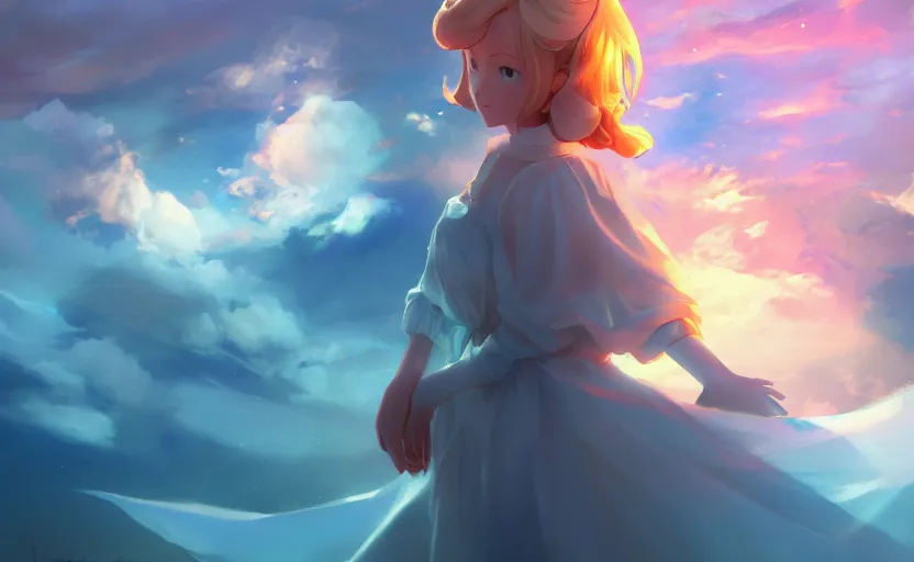 Image similar to Princess rosalina, anime painting, 3d render, hyper realistic, dramatic lighting, the sky is a nebula on fire, 8k hdr pixiv dslr photo by Makoto Shinkai ilya kuvshinov and Wojtek Fus, digital art, concept art,